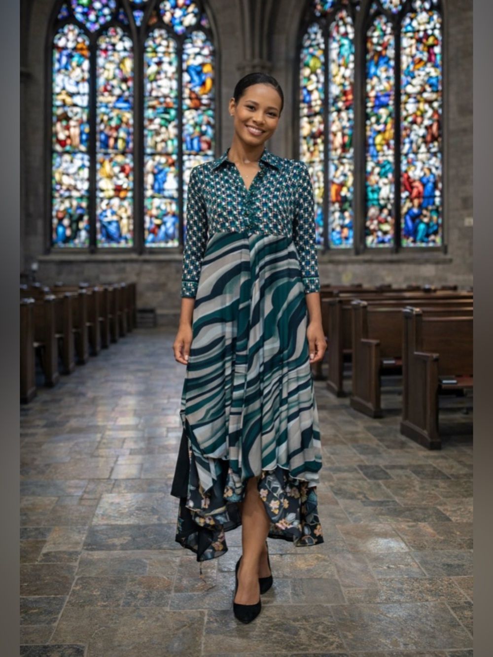 Asymmetrical Green and Black Dress